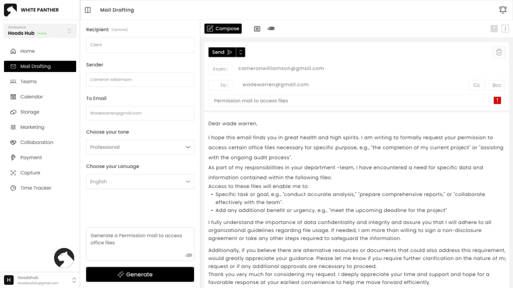 whitepanther email screen
