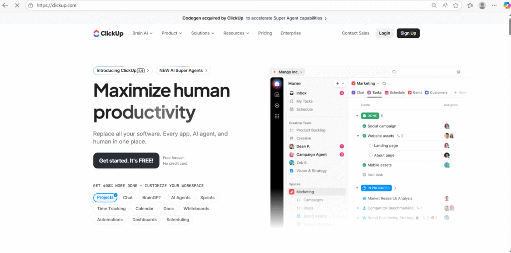home screen of clickup website
